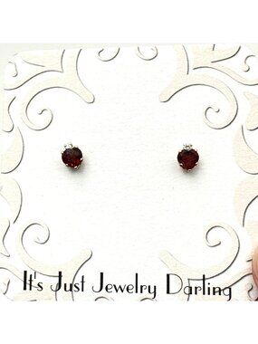 10K Gold Earrings Garnet Heart CZ Stud Pierced